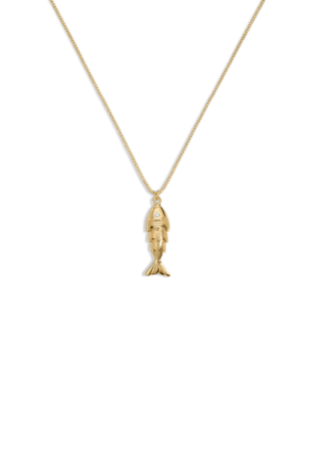 Gold-tone fish charm pendant necklace with thin chain and small loop clasp