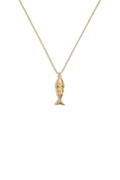 Gold-tone fish charm pendant necklace with thin chain and small loop clasp