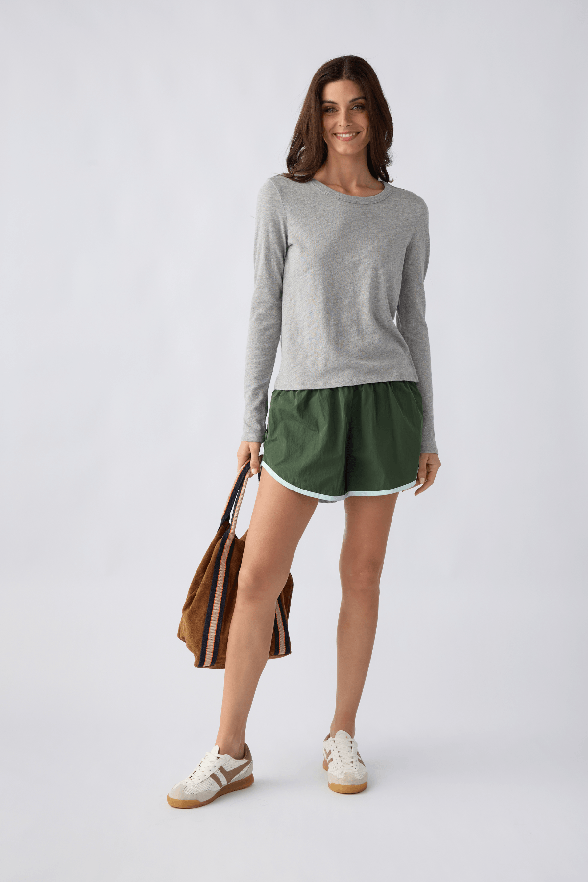 Heather grey long-sleeve crew neck tee, front view