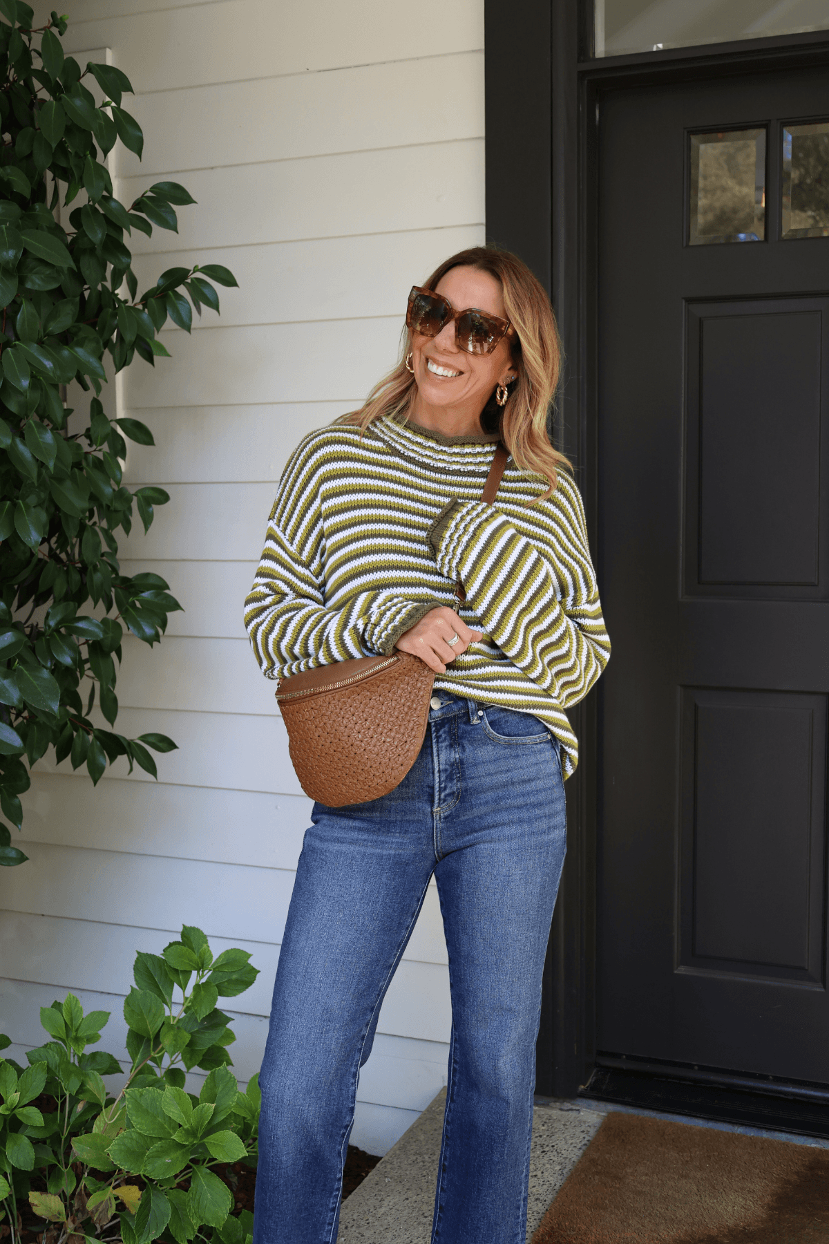 Striped mockneck sweater with long sleeves, olive and ivory knit