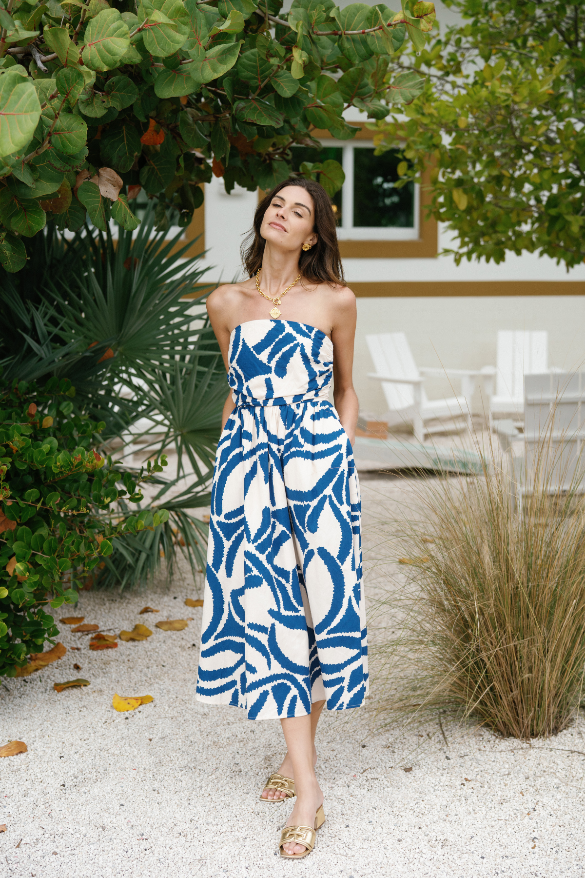 Strapless blue-and-white abstract midi dress with smocked waist, A-line skirt and midi length