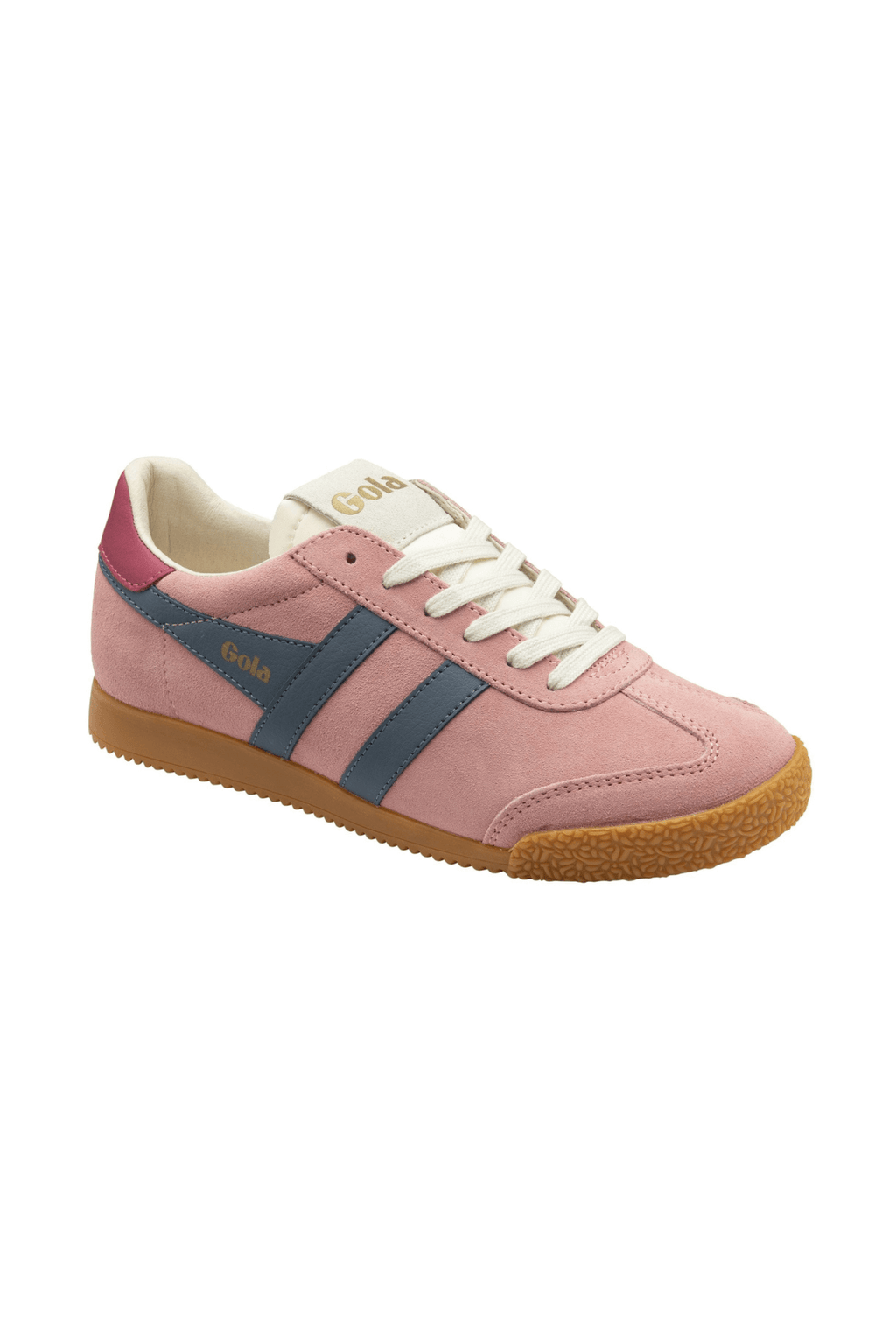Gola Elan sneakers, mauve pink with navy stripes, cream laces, gum sole