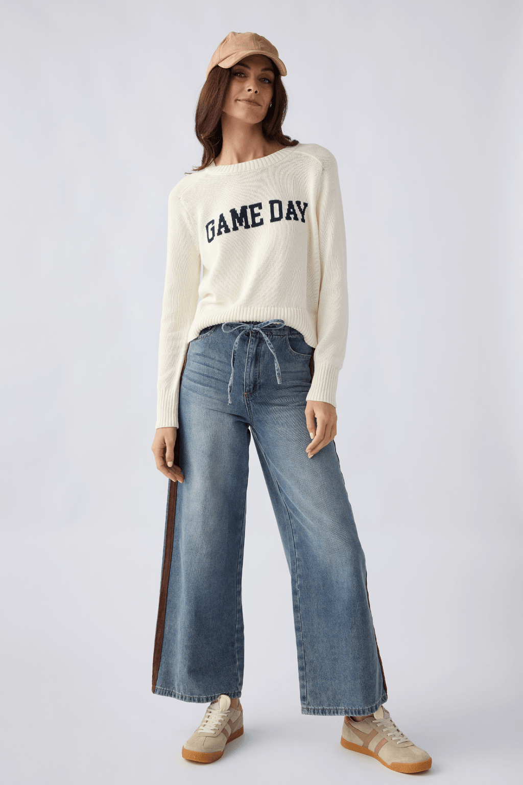 Cream crewneck sweater with 'GAME DAY' graphic, ribbed cuffs and hem