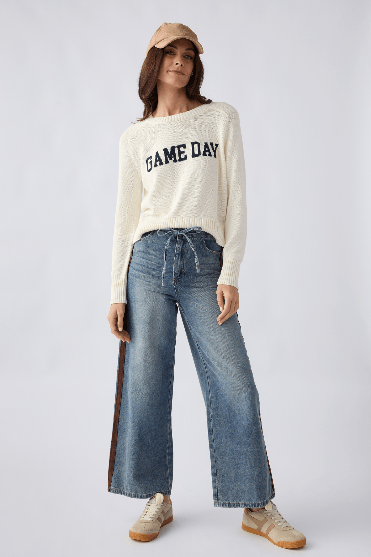 Cream crewneck sweater with 'GAME DAY' graphic, ribbed cuffs and hem