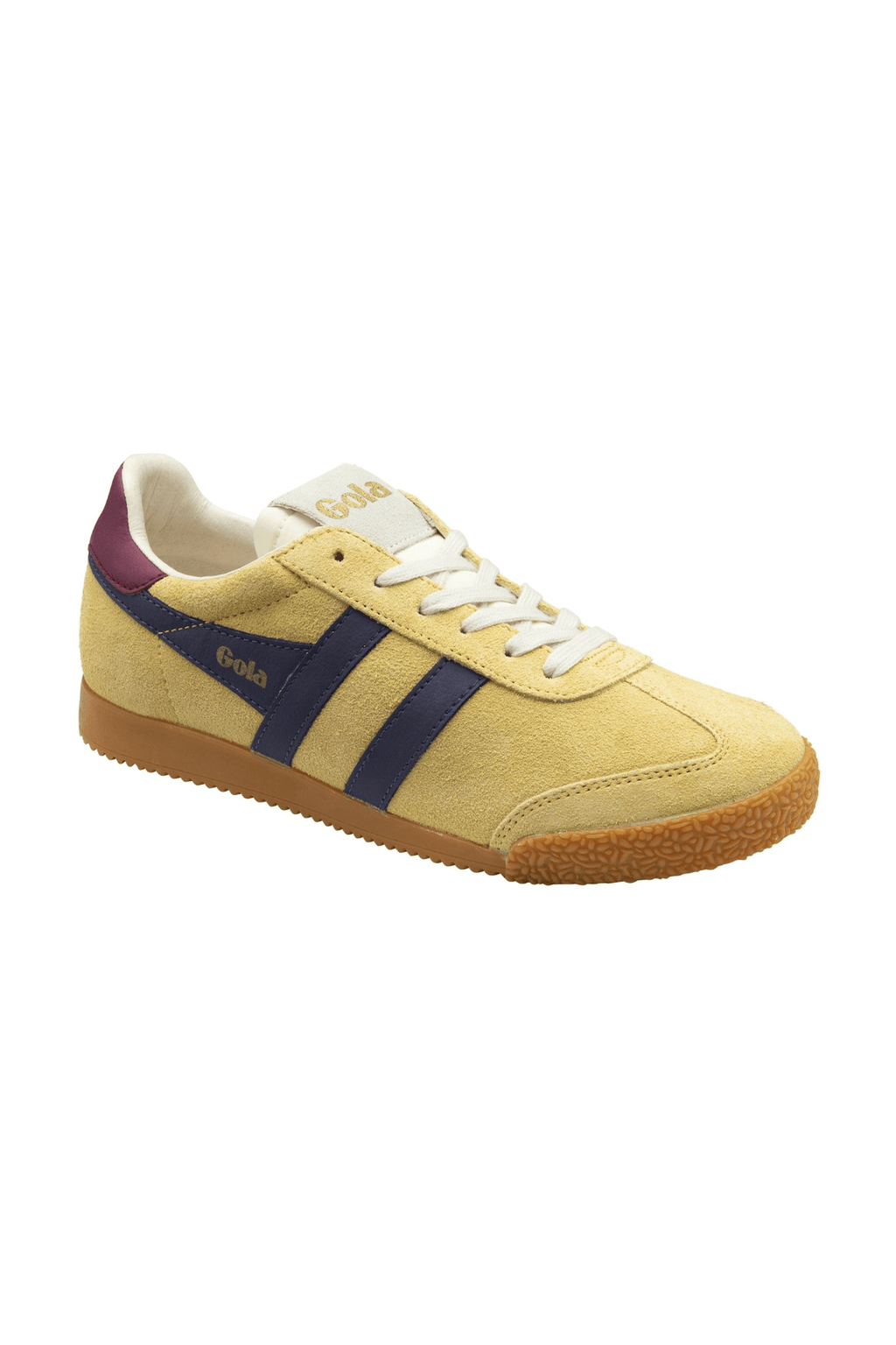 Gola Elan sneakers, yellow with dark blue stripes, cream laces, gum sole