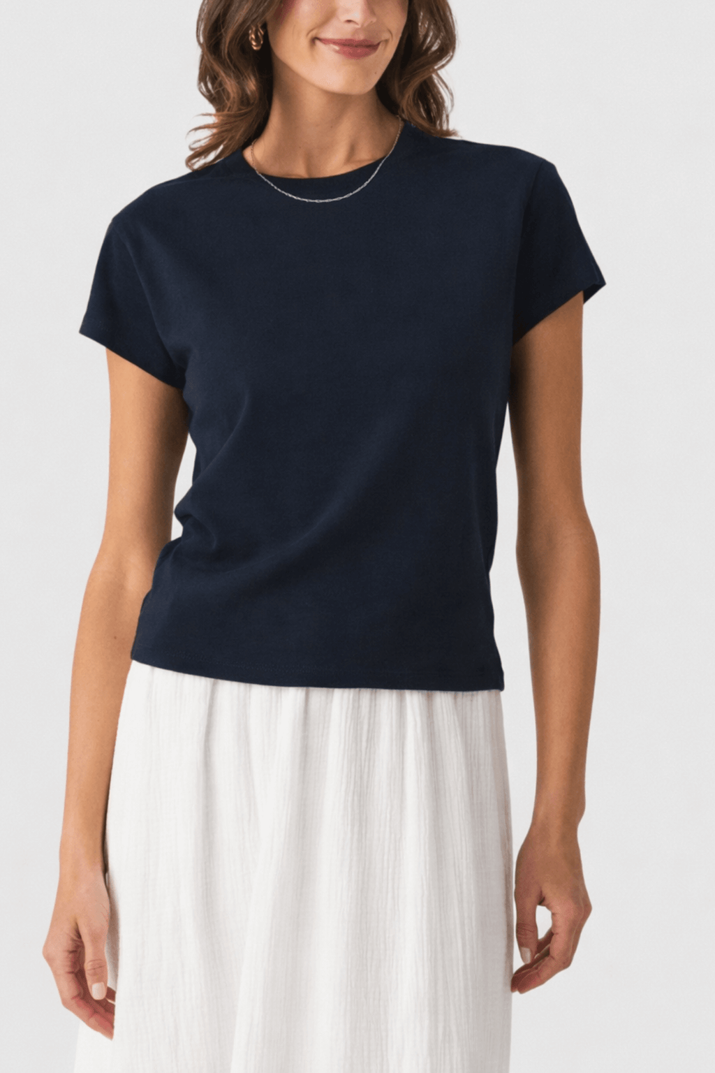 Navy slub tee with short sleeves and crew neckline, straight hem