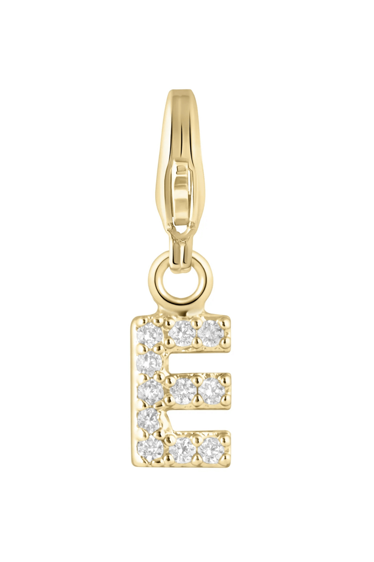 Electric Picks initial charm E, gold tone with crystal rhinestones