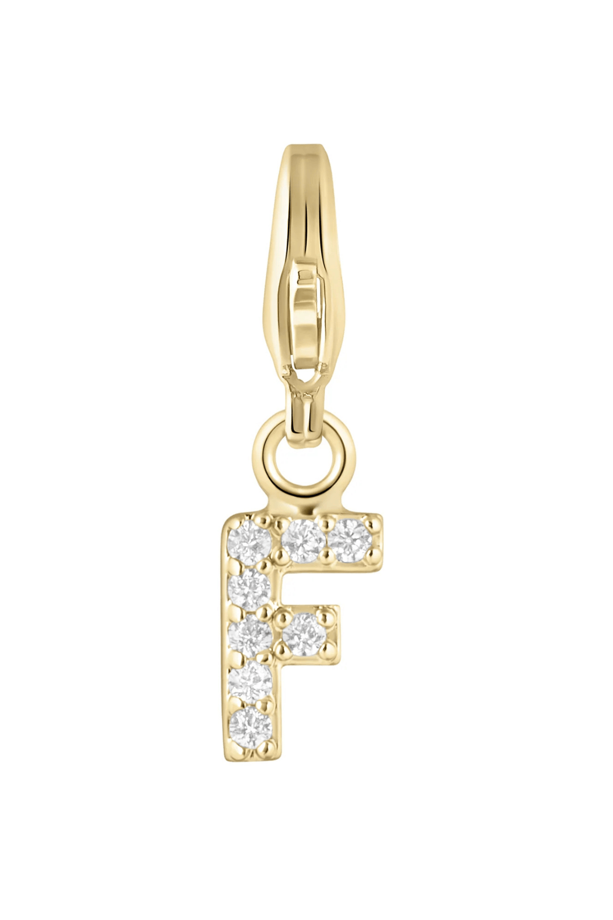 Electric Picks initial charm F, gold tone with crystal rhinestones