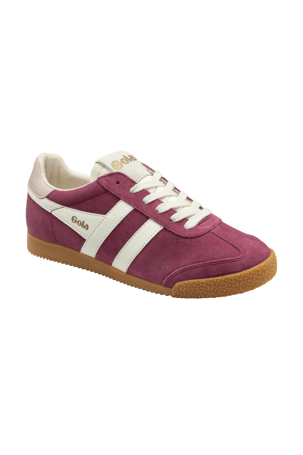 Gola Elan sneakers, plum purple with white stripes, cream laces, gum sole