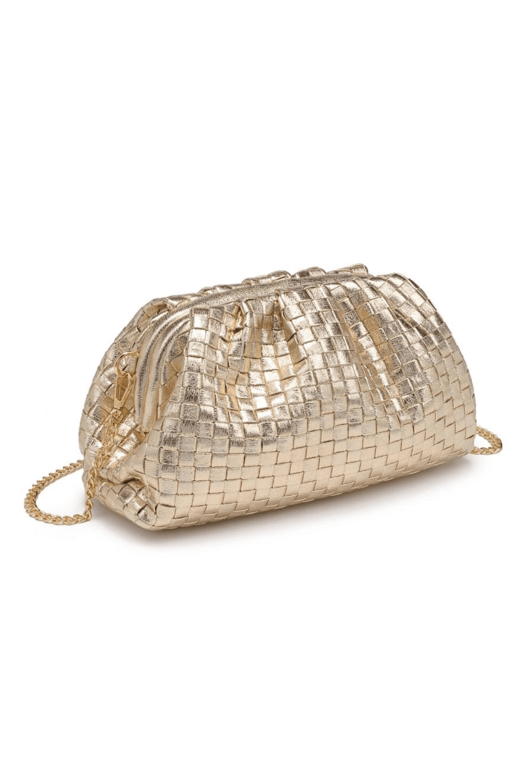 Gold woven frame clutch with braided chain strap and structured top handle.