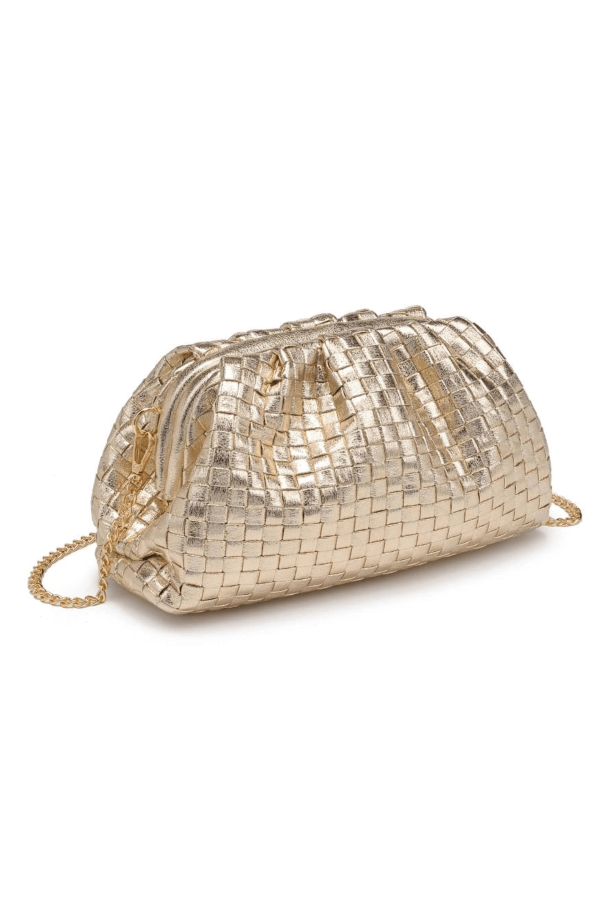 Gold woven frame clutch with braided chain strap and structured top handle.
