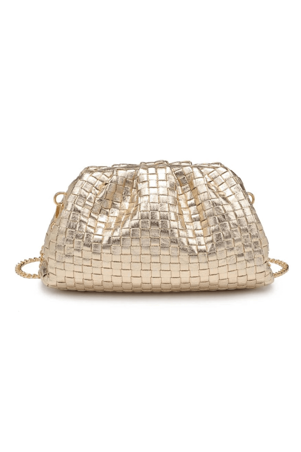 Gold woven frame clutch with textured weave and braided chain strap, side view.