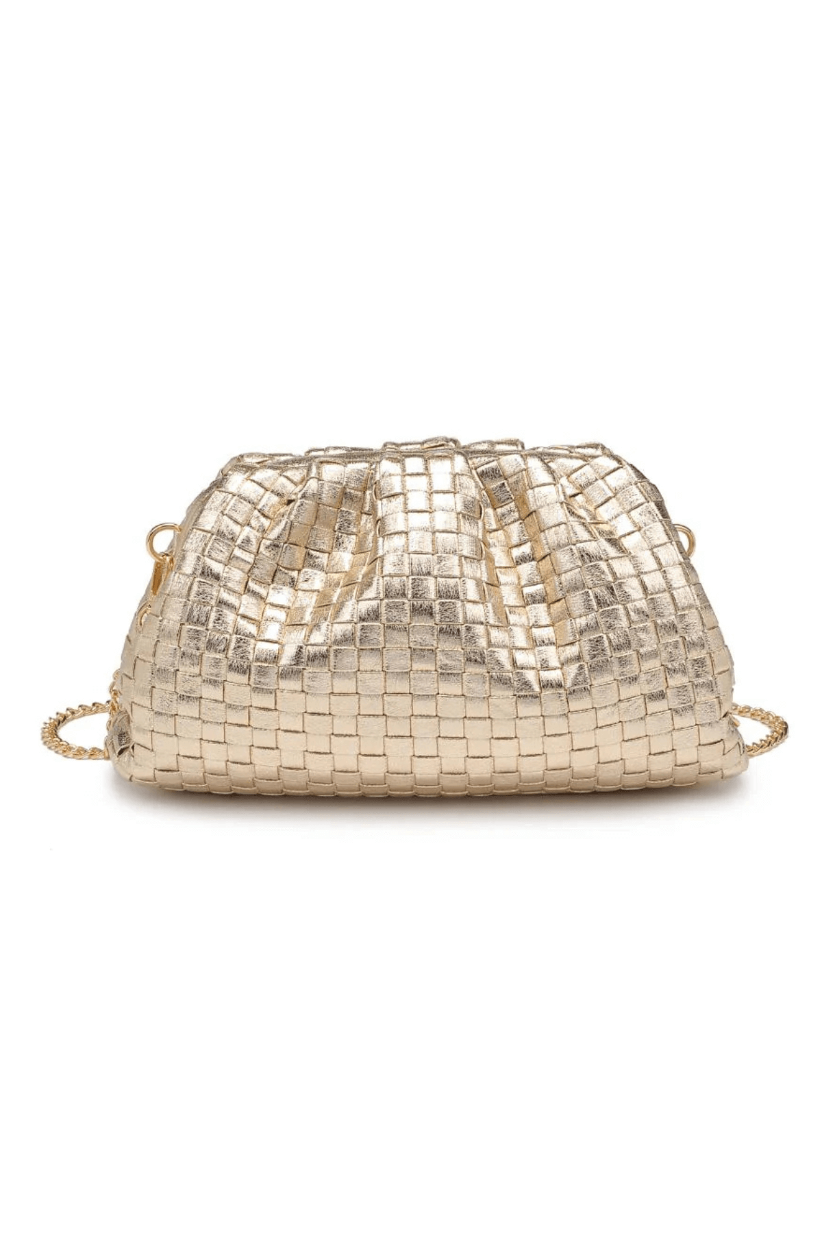 Gold woven frame clutch with textured weave and braided chain strap, side view.