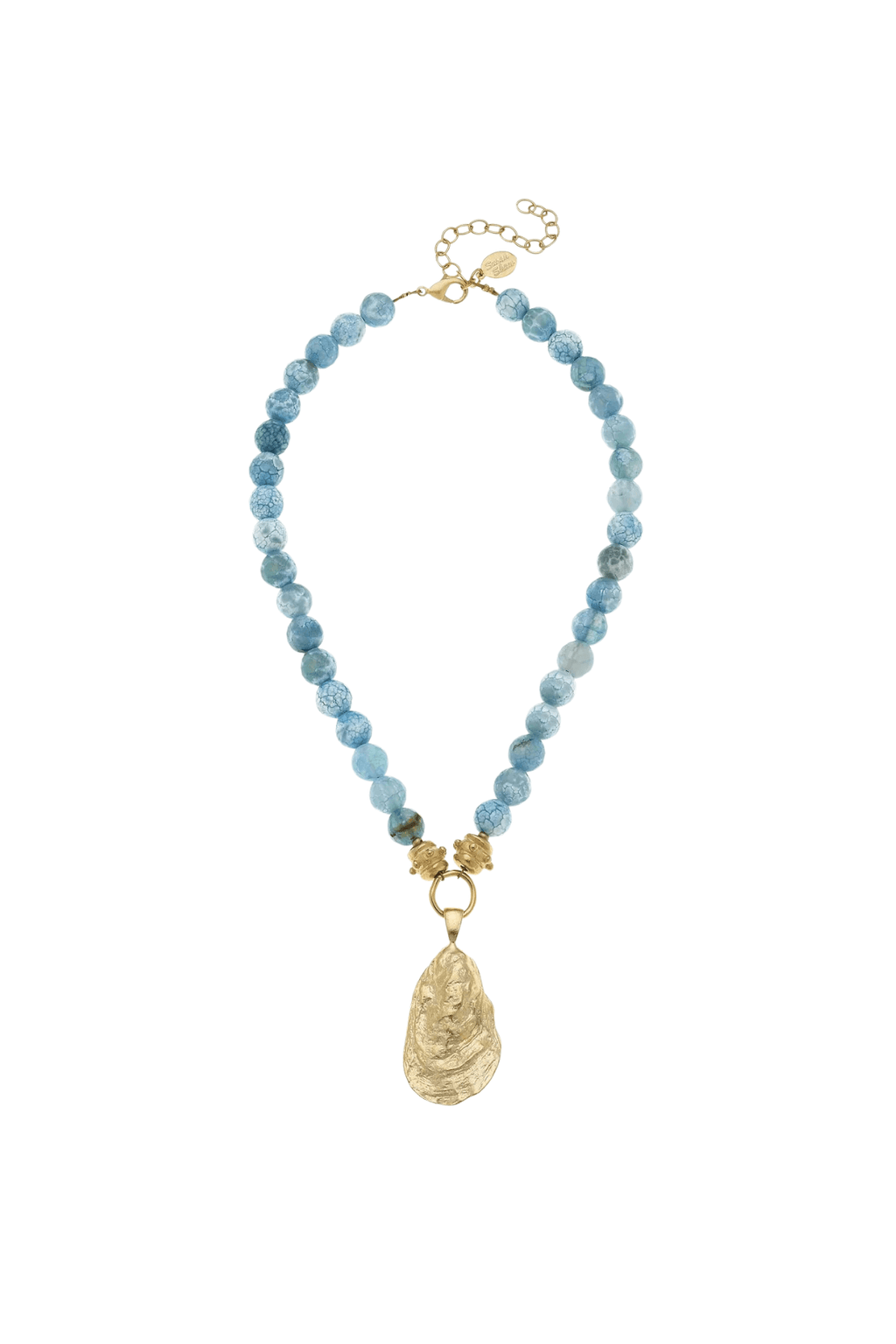Susan Shaw fire agate oyster necklace with blue beaded strands and gold pendant