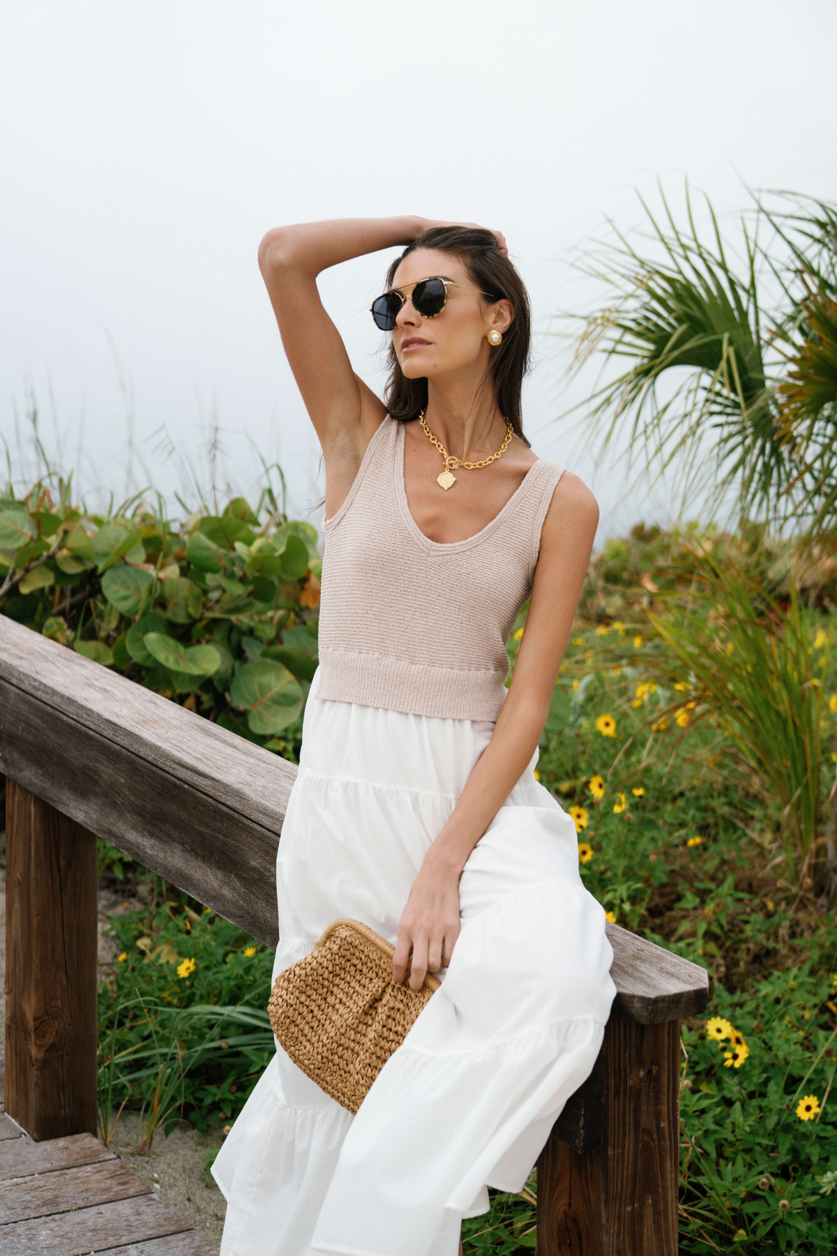 Sleeveless mixed-media maxi dress with taupe bodice and tiered white skirt