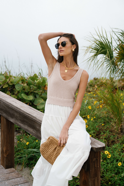 Sleeveless mixed-media maxi dress with taupe bodice and tiered white skirt
