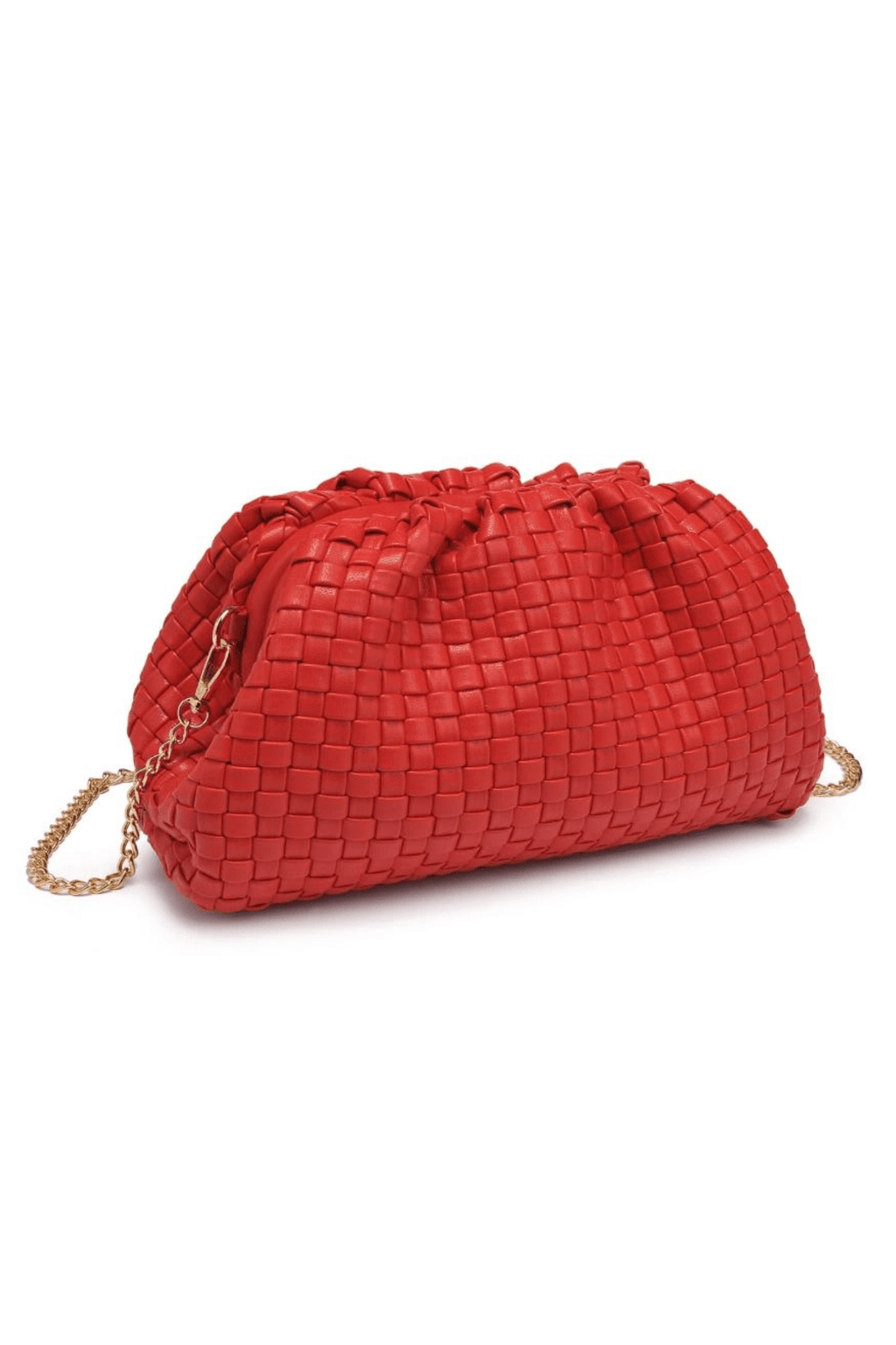 Red woven frame clutch with braided chain strap and rounded woven frame.