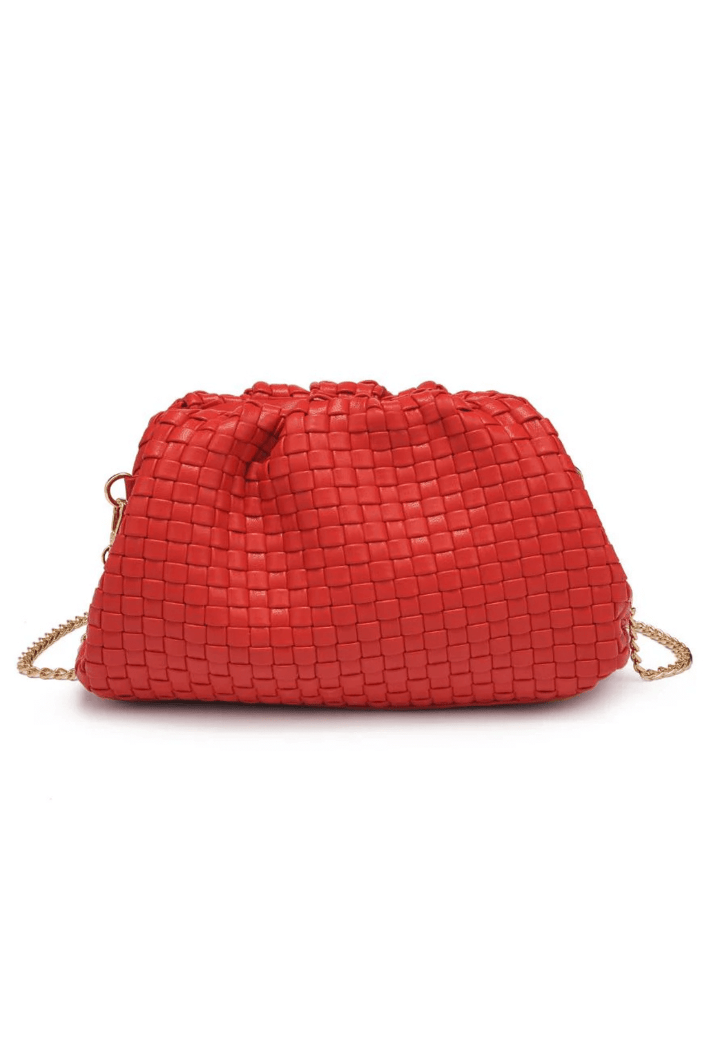 Red woven frame clutch with interlaced pattern and braided chain strap, angled view.