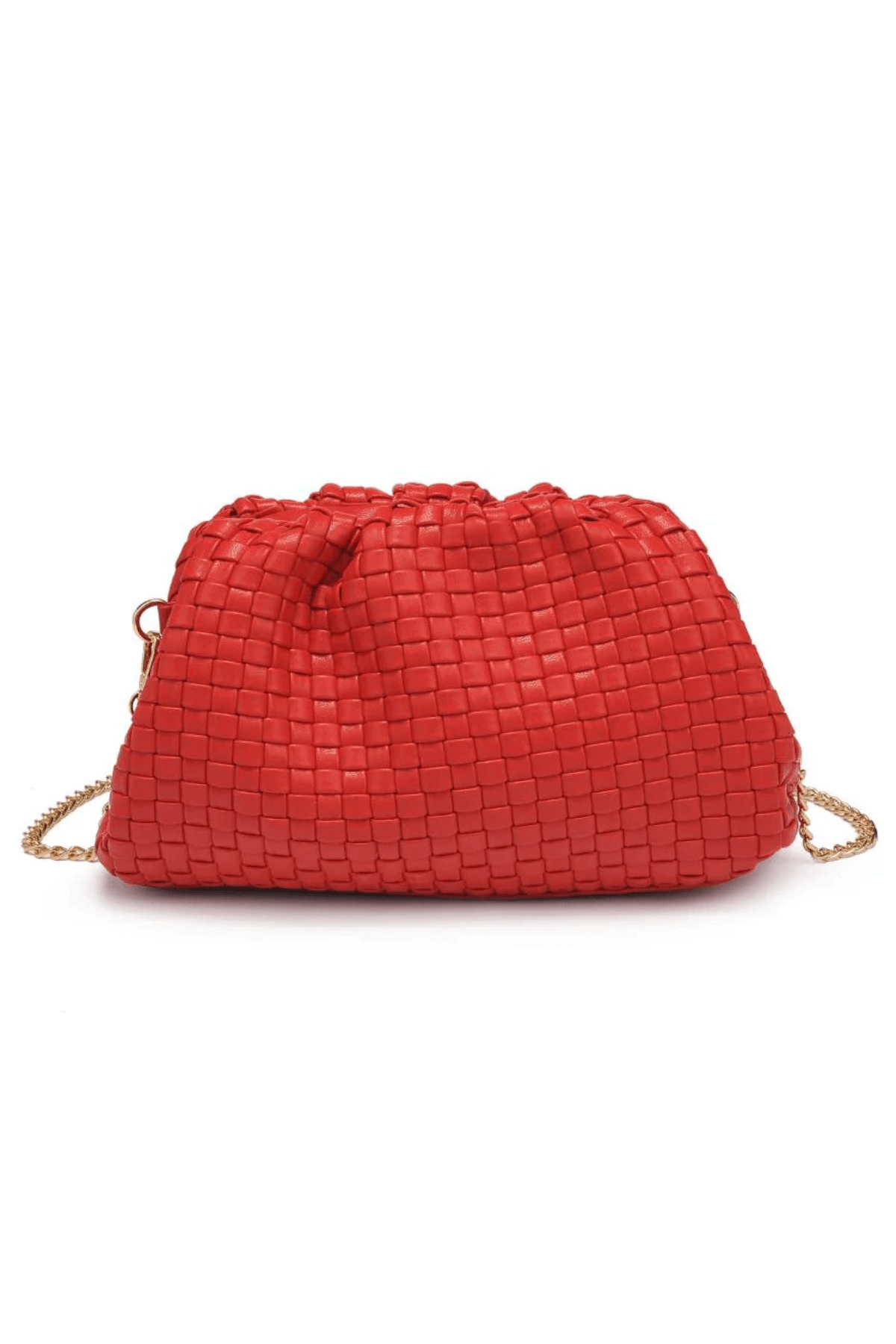 Red woven frame clutch with interlaced pattern and braided chain strap, angled view.