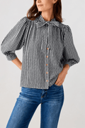 THML gingham tie-neck blouse with bow tie collar and button placket