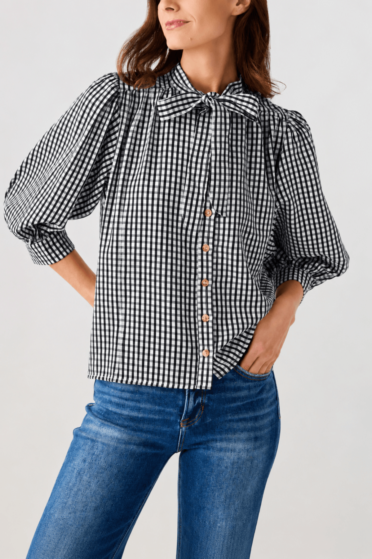 THML gingham tie-neck blouse with bow tie collar and button placket