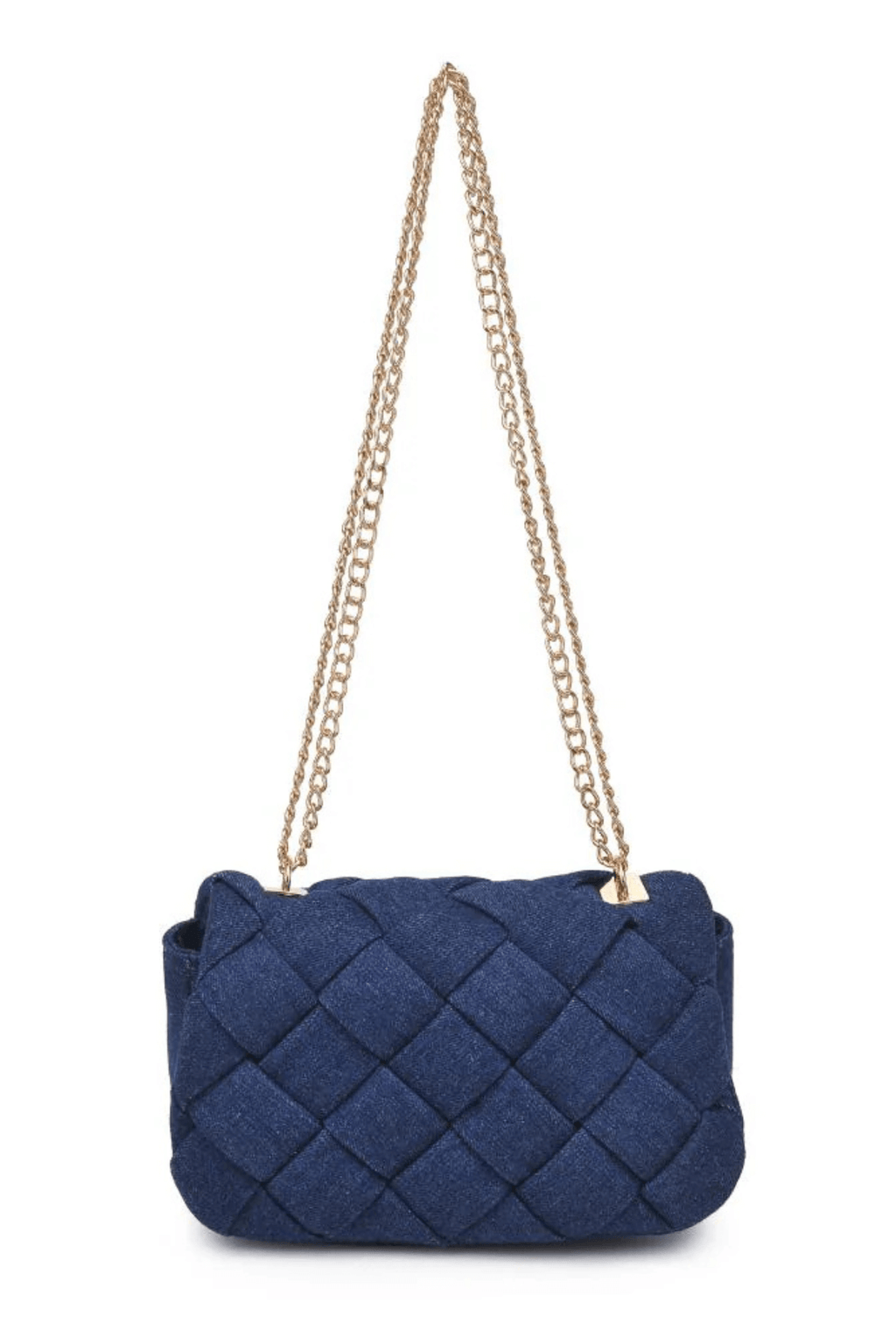 Denim woven crossbody bag with gold chain strap and quilted diamond pattern