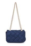 Denim woven crossbody bag with gold chain strap and quilted diamond pattern