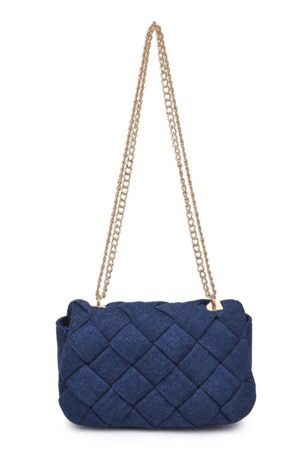 Denim woven crossbody bag with gold chain strap and quilted diamond pattern