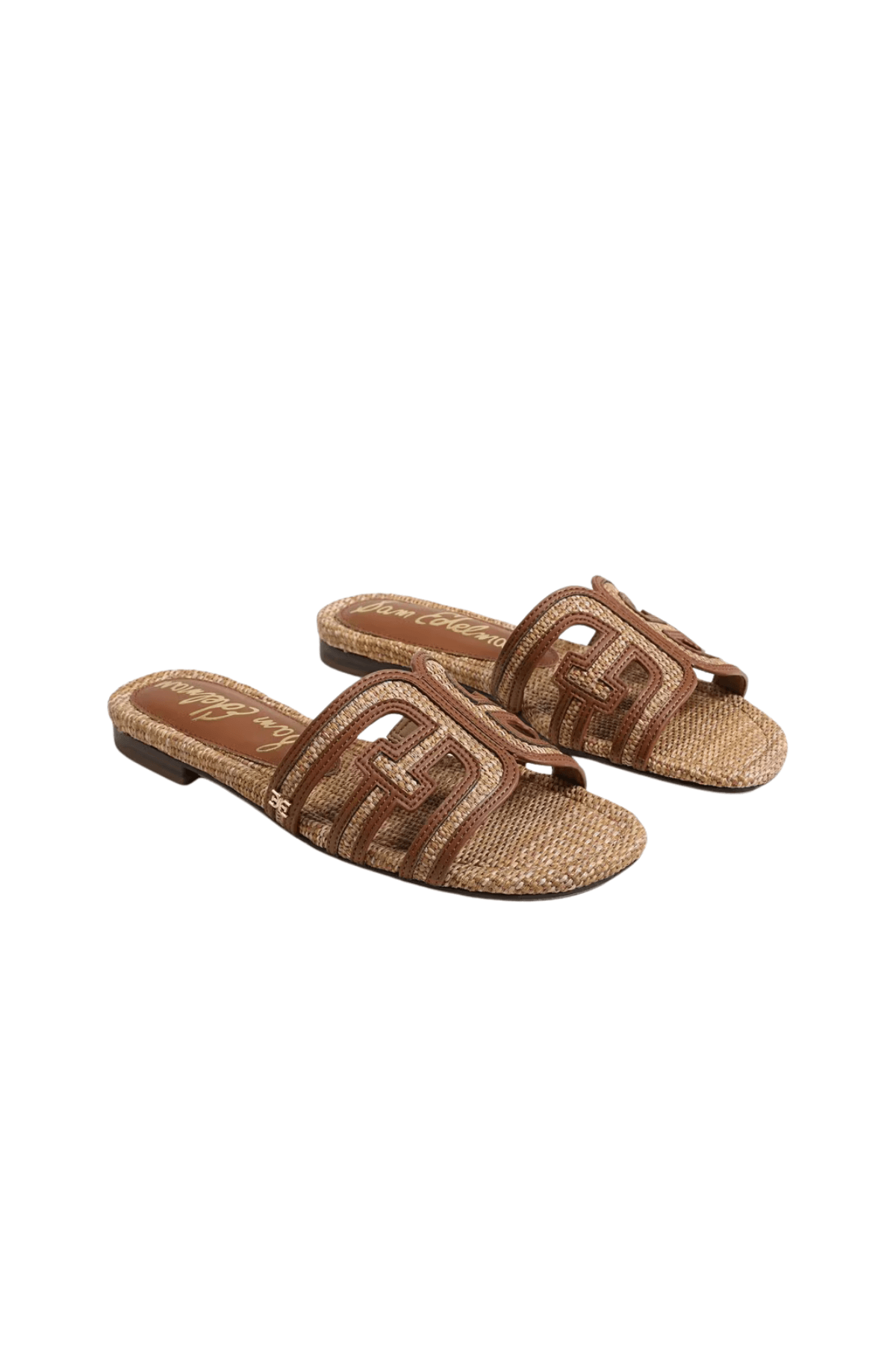 Brown slide sandals with braided straps and square toe, flat low sole