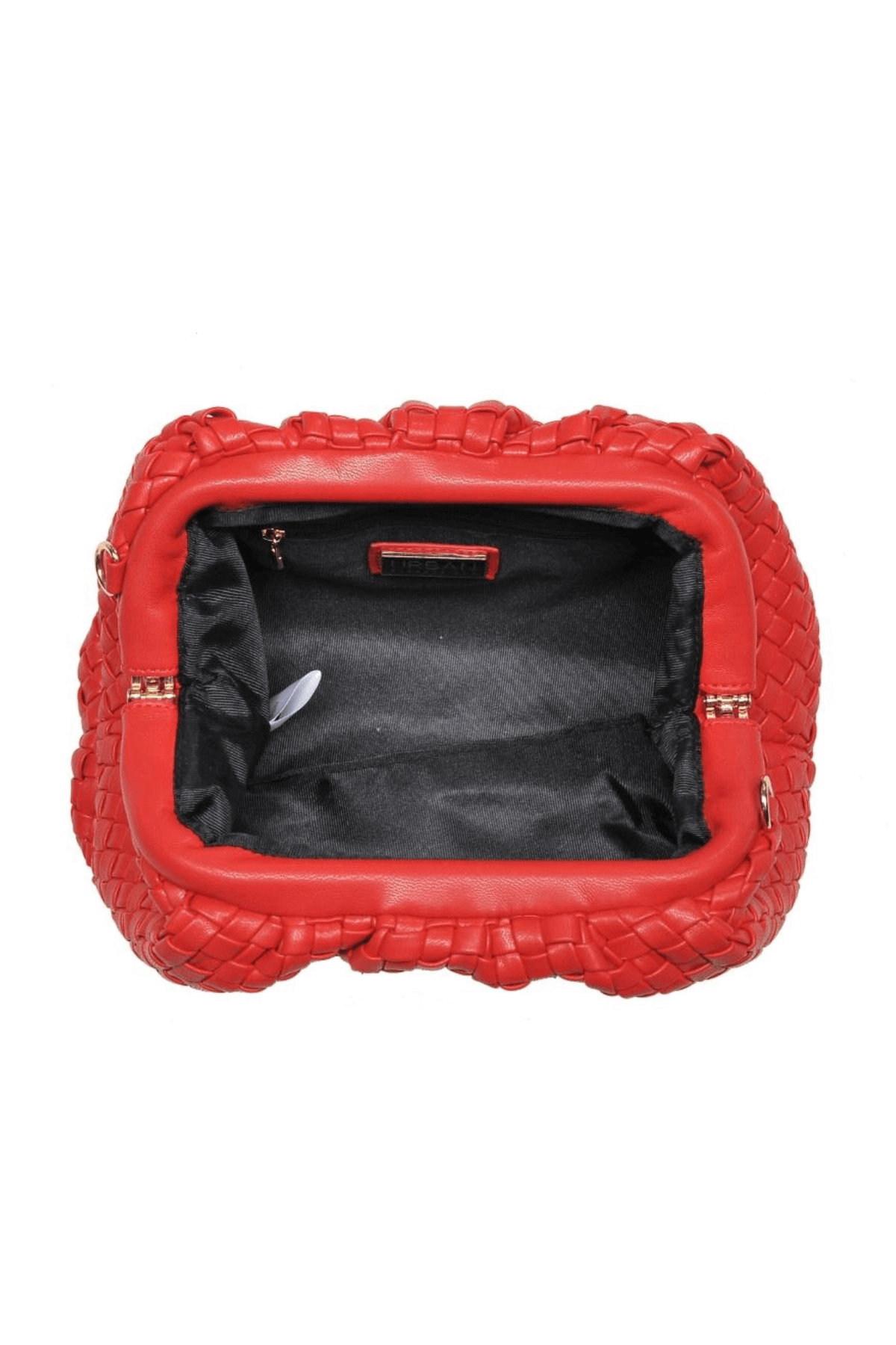 Red woven frame clutch open top with black lining and inner logo label.