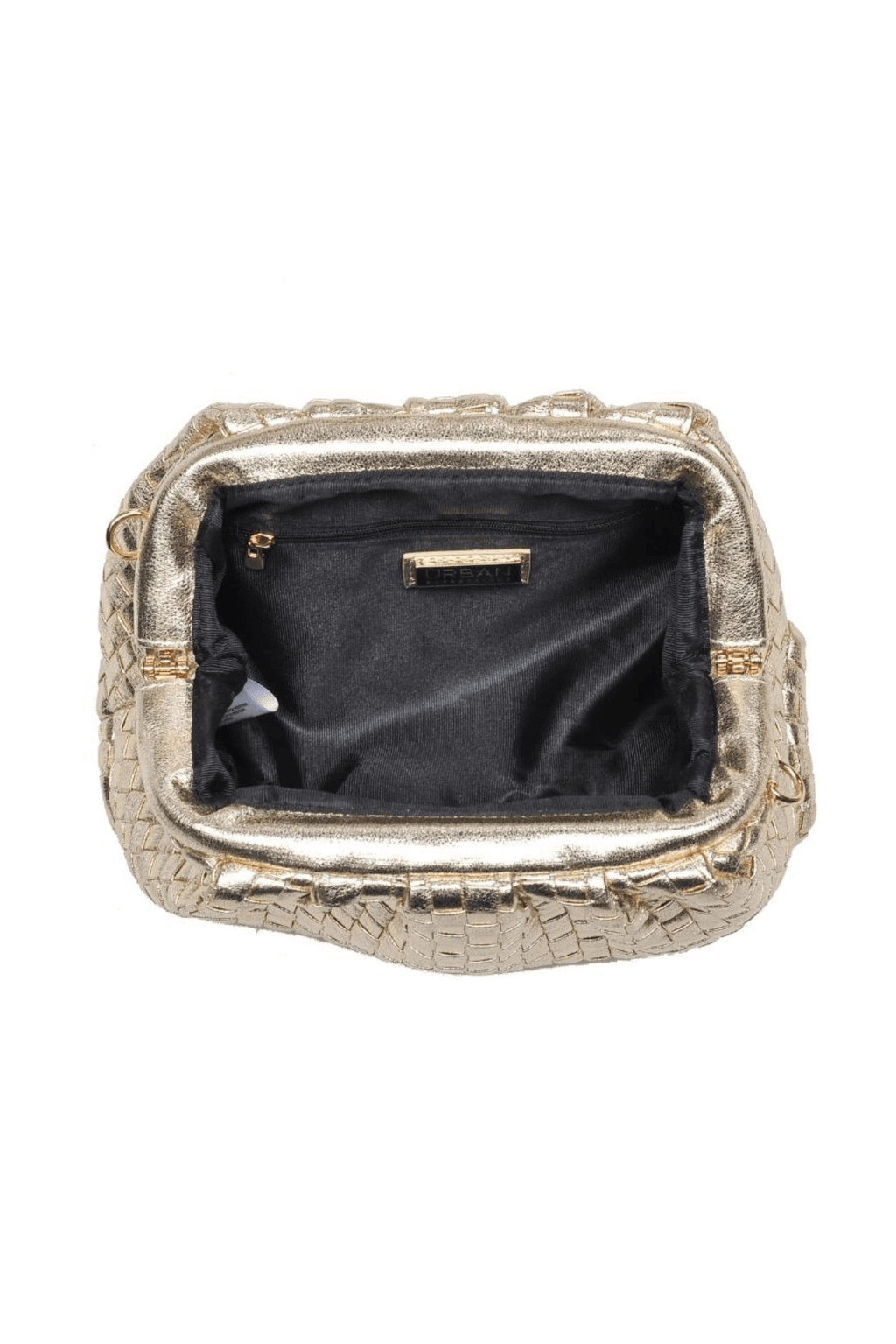 Gold woven frame clutch open top with black lining and small inner label.