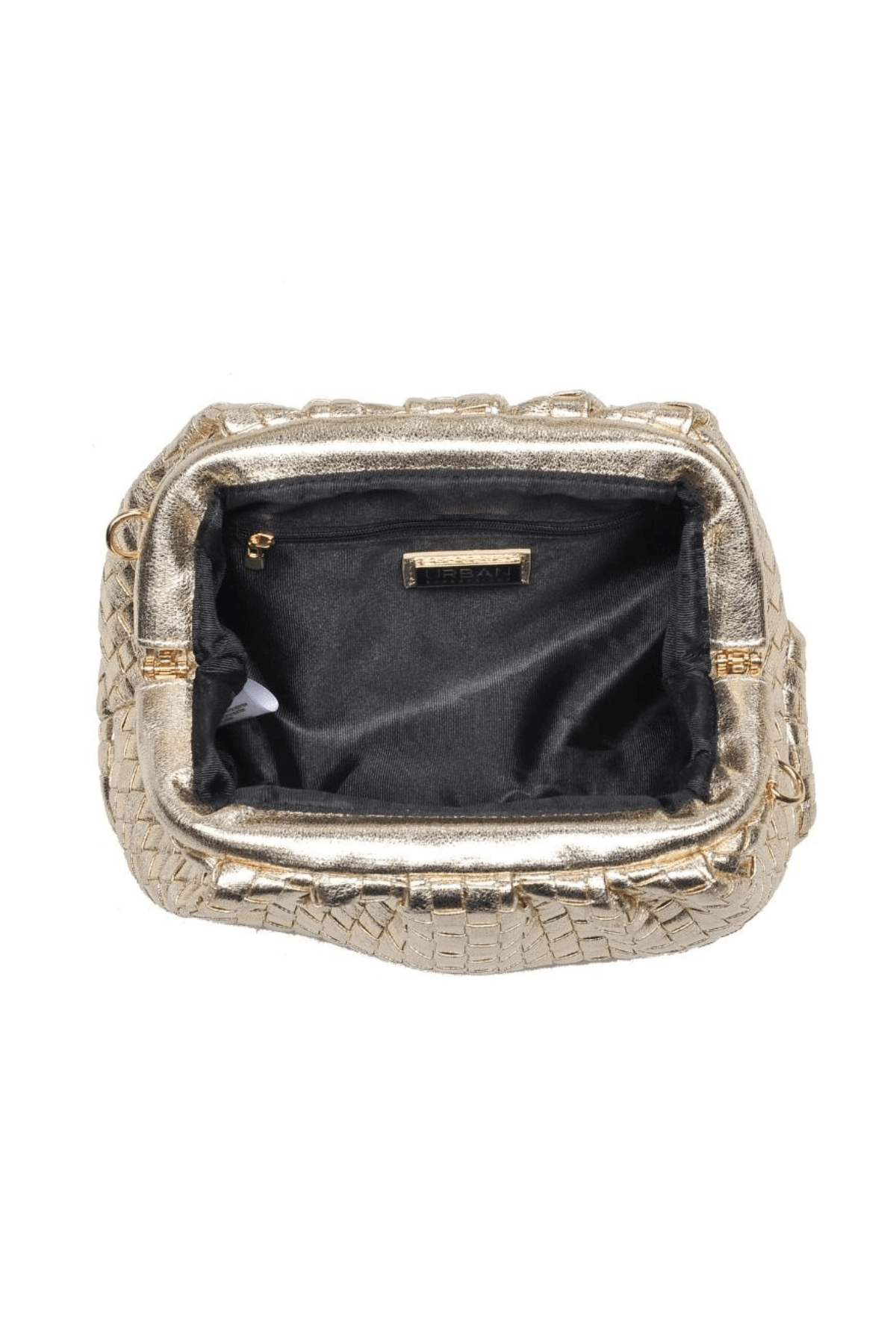 Gold woven frame clutch open top with black lining and small inner label.