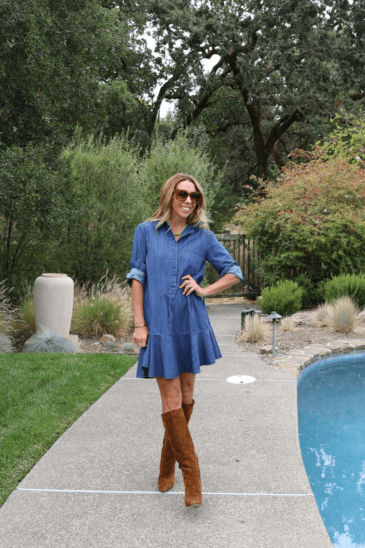 Indigo denim shirt dress with button front and flared skirt, three-quarter sleeves