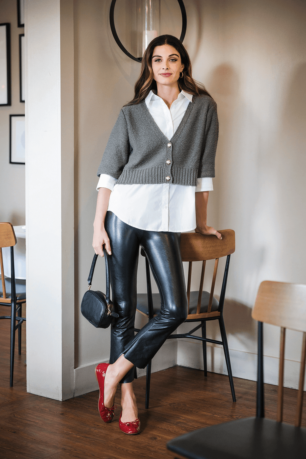 Gunmetal grey cropped cardigan sweater with V-neck and button front, short sleeves