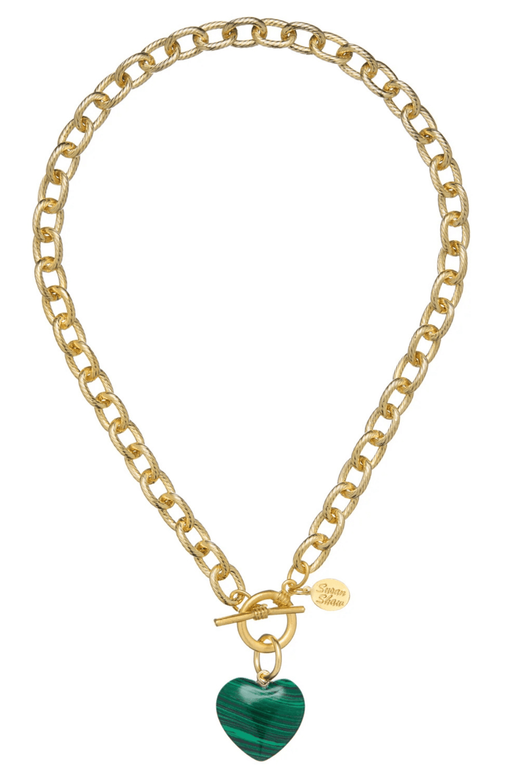 Gold chain necklace with green heart stone pendant and small cross charm