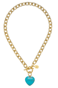 Gold chain necklace with turquoise heart stone pendant and small cross charm