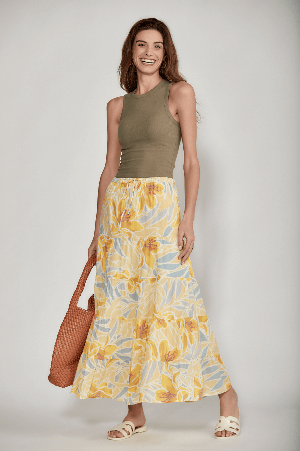 Olive ribbed muscle tank top with round crew neck and sleeveless fit