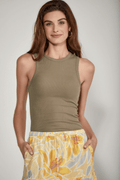 Olive ribbed muscle tank top, front view with high neck and sleeveless shoulders