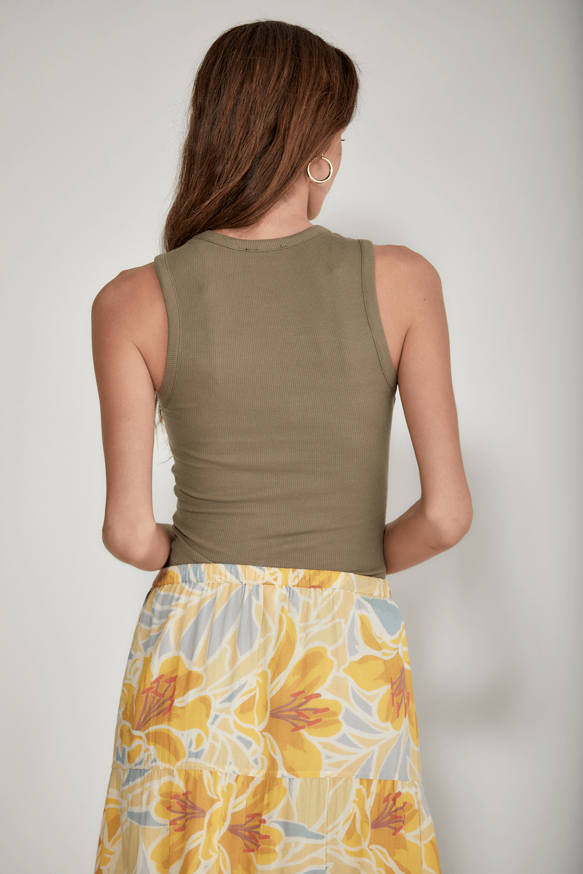 Olive ribbed muscle tank top, back view with racerback neckline