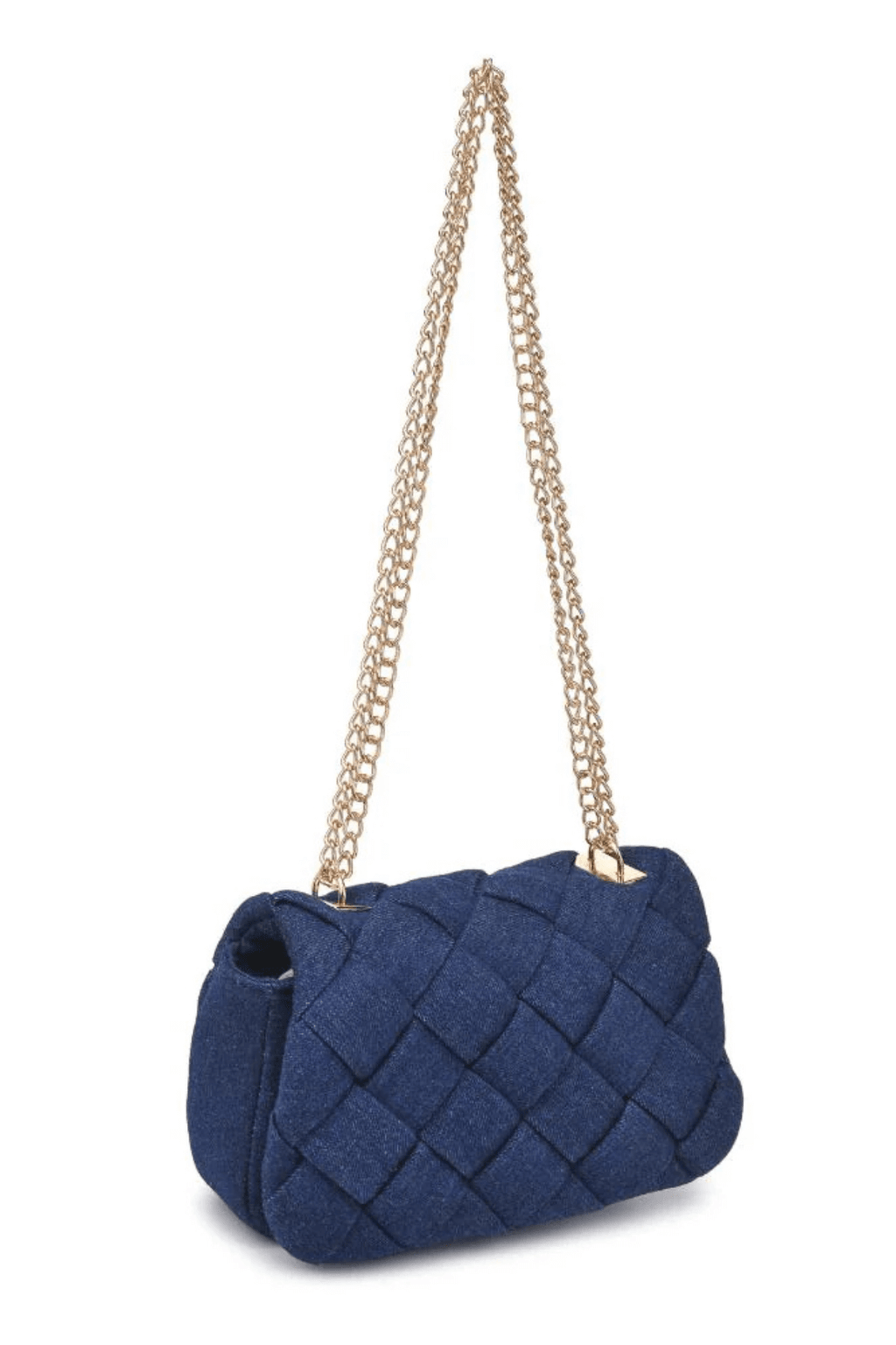 Denim woven crossbody bag with gold chain strap and textured diamond quilt