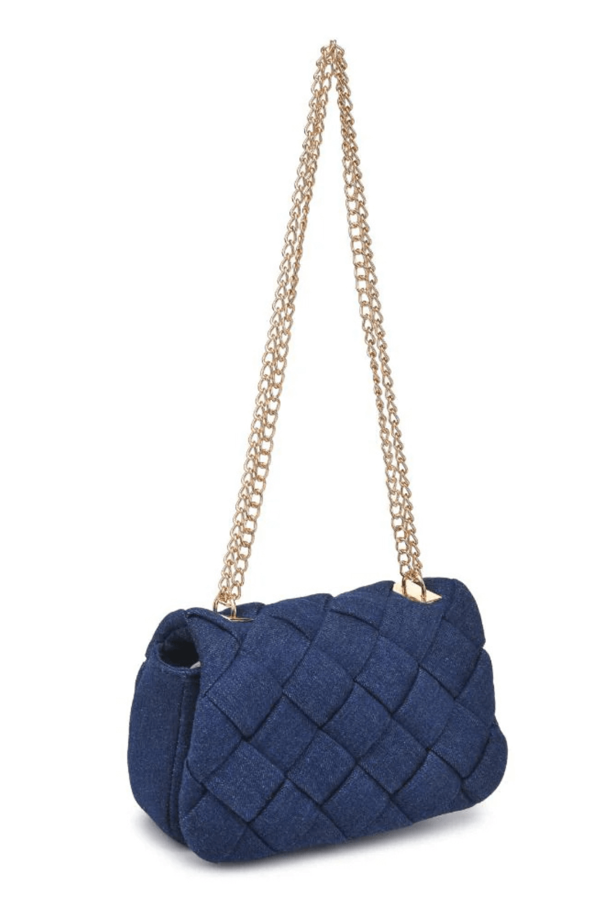 Denim woven crossbody bag with gold chain strap and textured diamond quilt