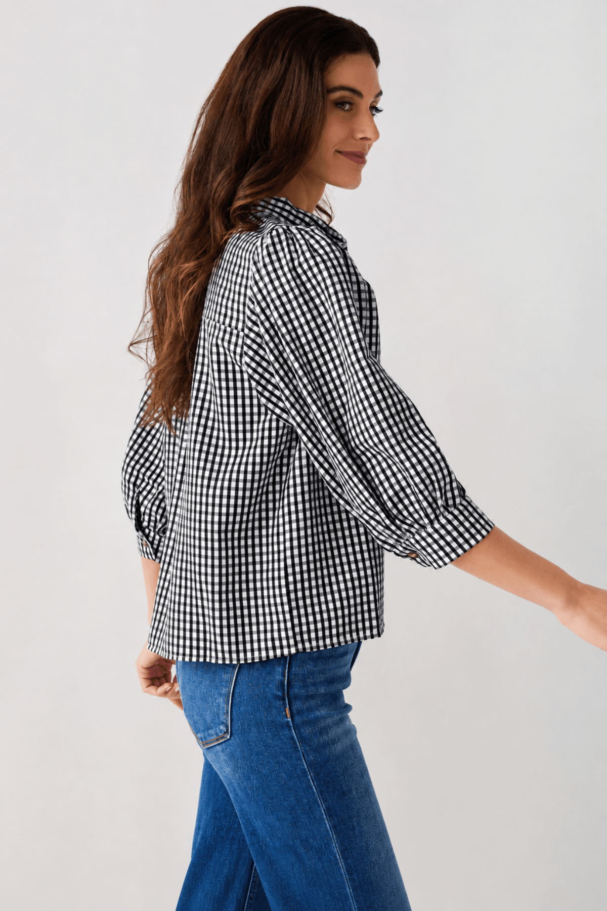 THML gingham tie-neck blouse, button front and three-quarter puff sleeves