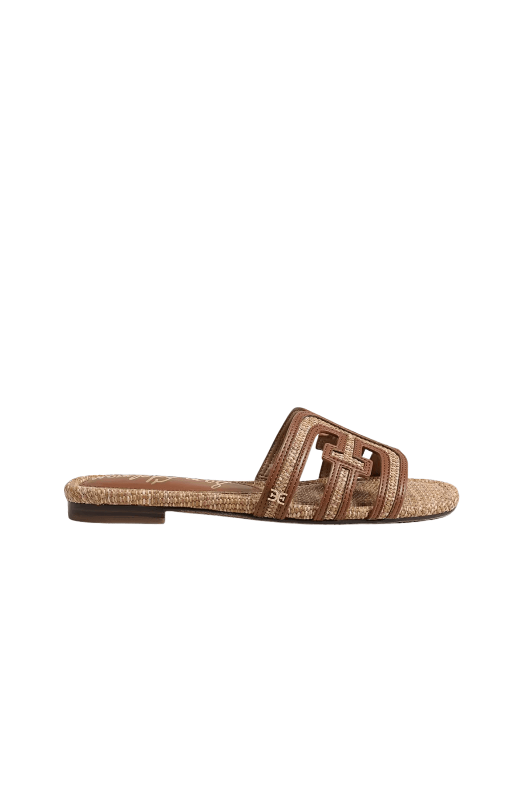 Brown slide sandal with textured straps and dark block heel sole