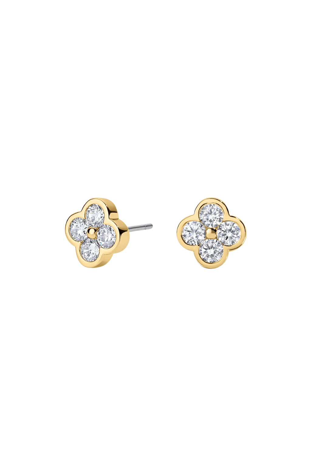 Gold floral stud earrings with round clear stones on gold settings