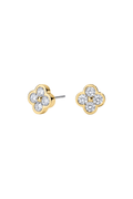 Gold floral stud earrings with round clear stones on gold settings