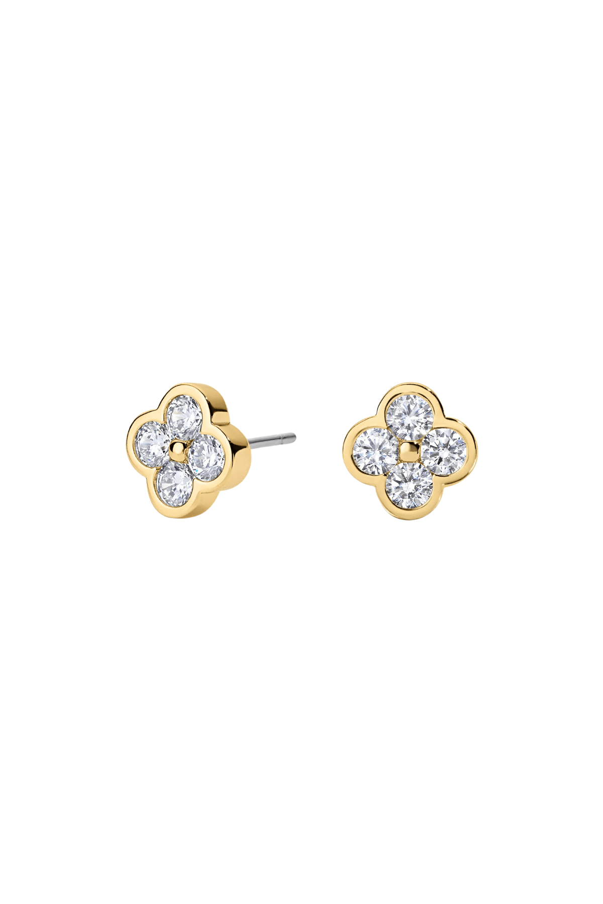 Gold floral stud earrings with round clear stones on gold settings