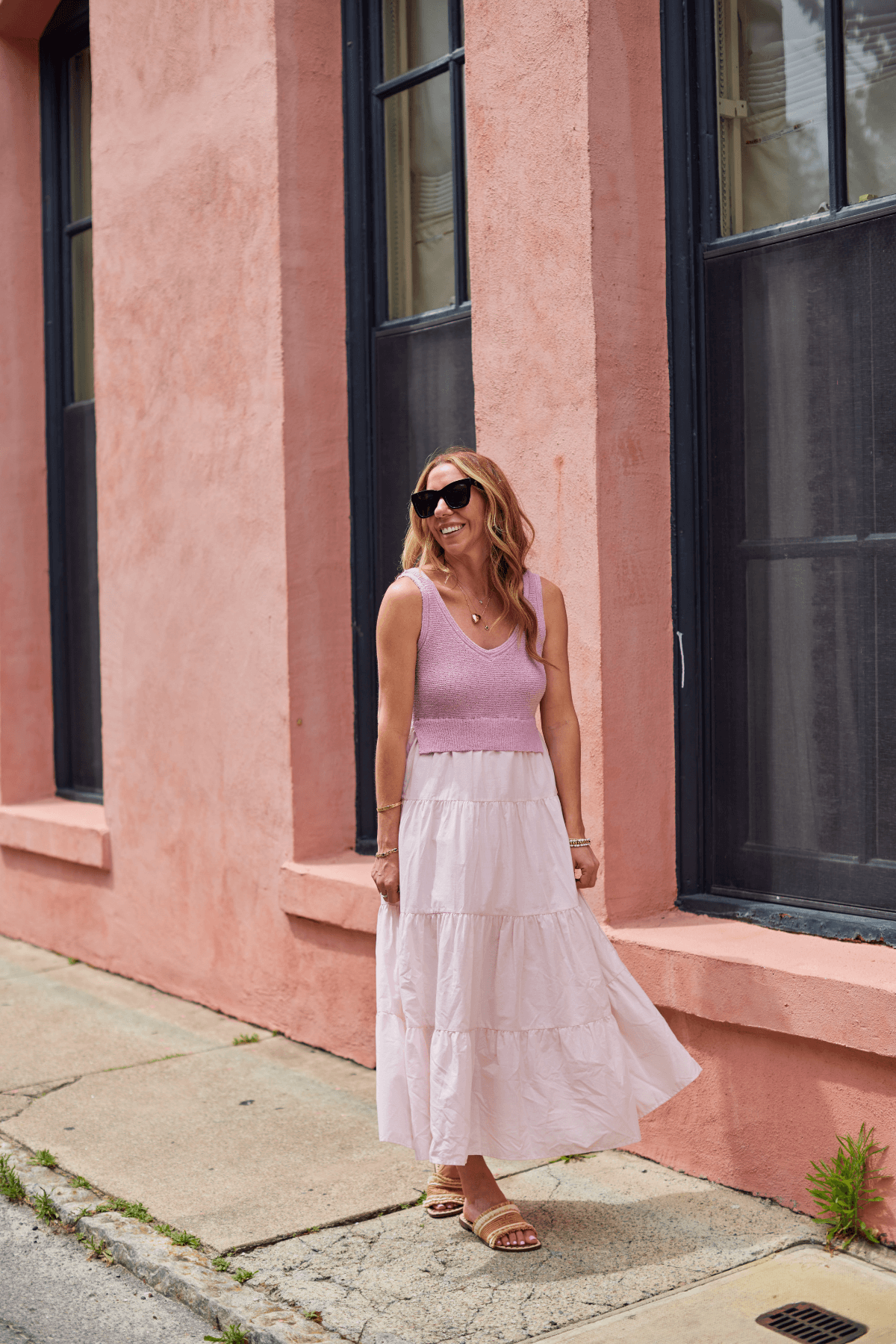 Lilac sleeveless maxi dress with V-neck bodice and tiered white skirt