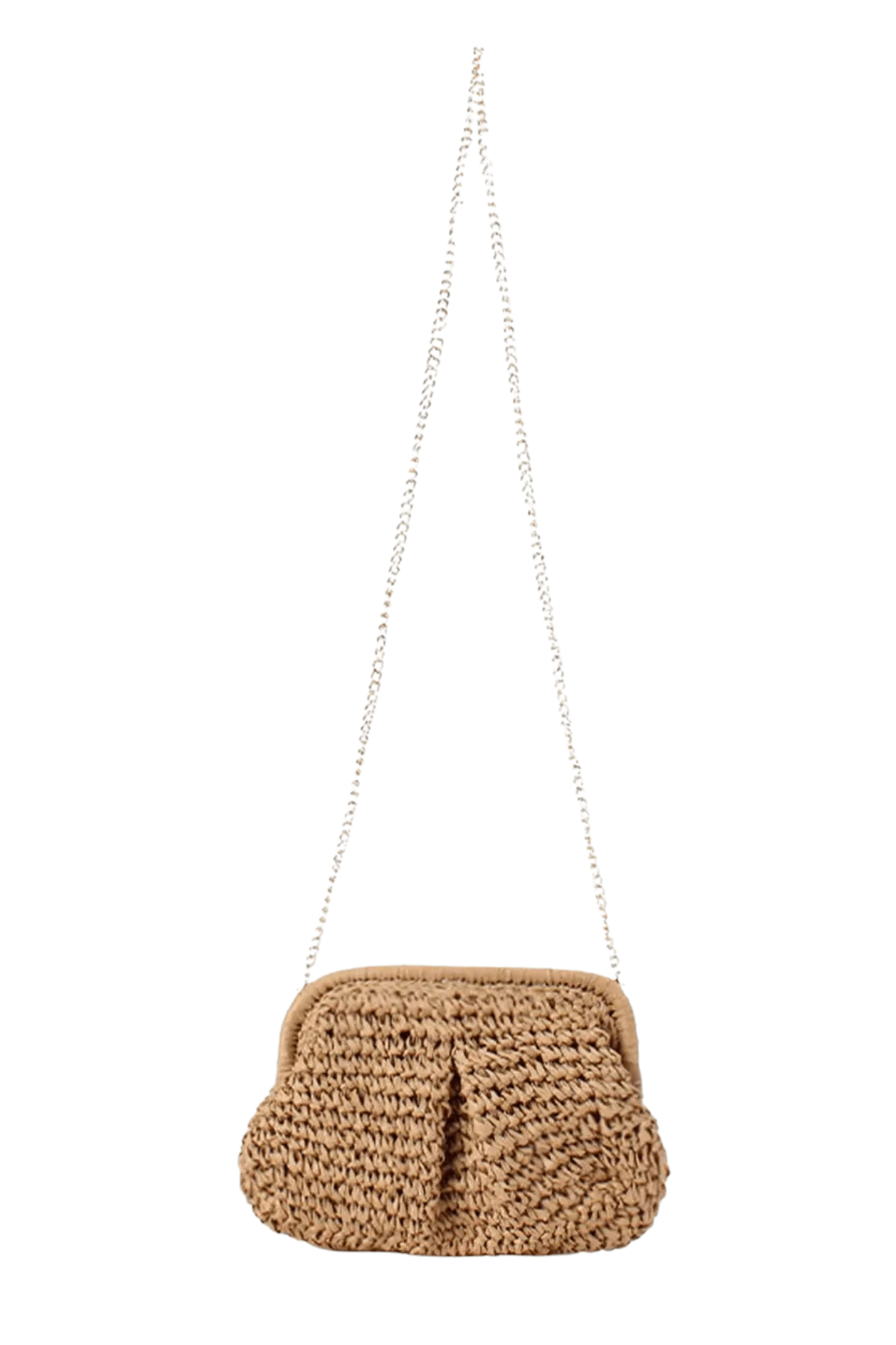 Camel raffia crossbody bag with chain strap and rounded top closure