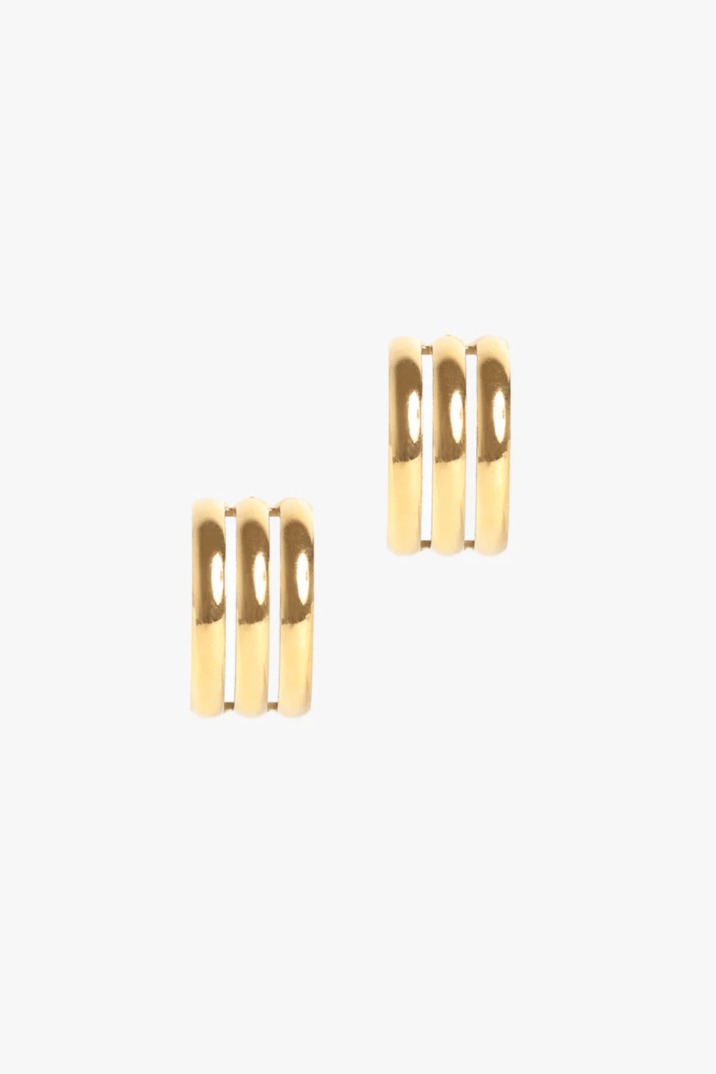 Gold hoop earrings with triple-band design and circular cutouts