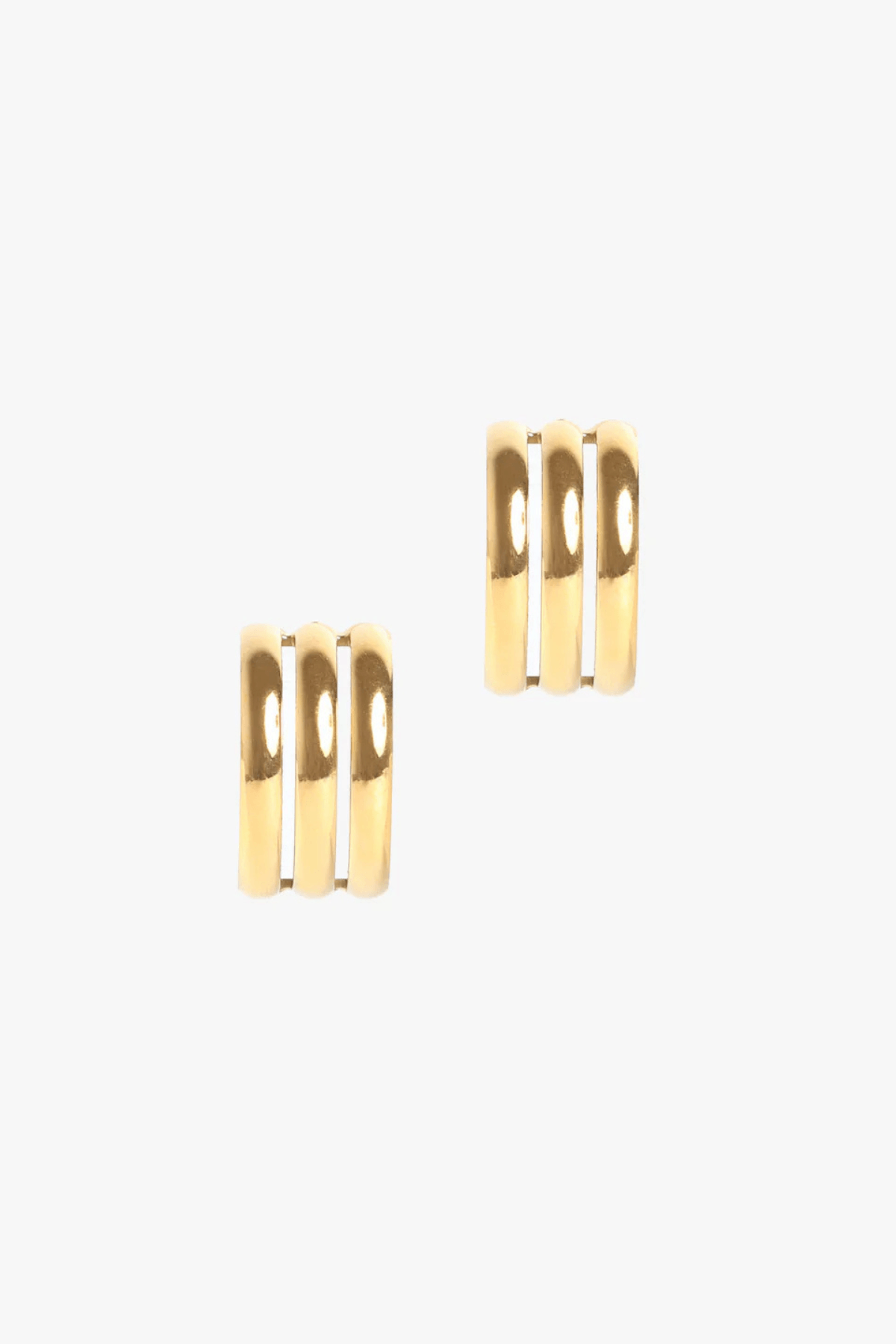 Gold hoop earrings with triple-band design and circular cutouts